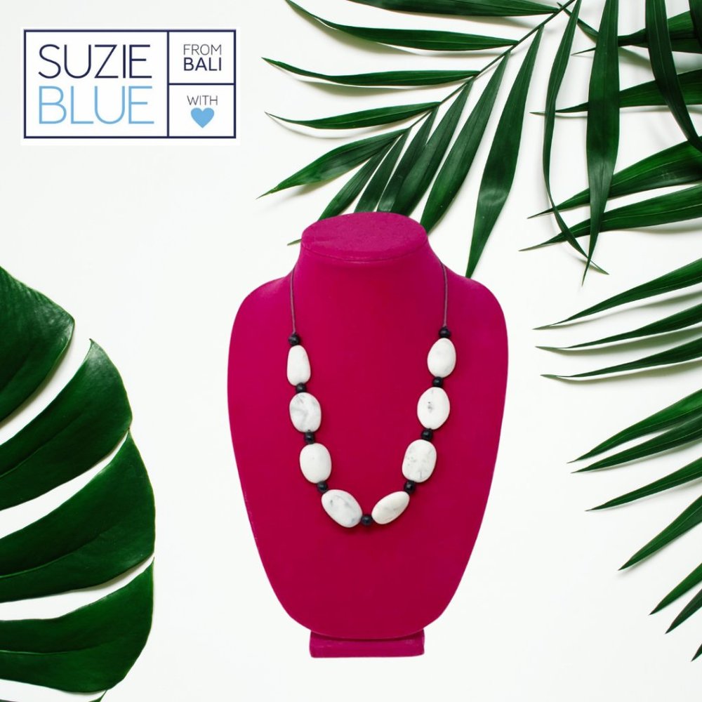 Suzie Blue Grey and White Marble Beaded Necklace